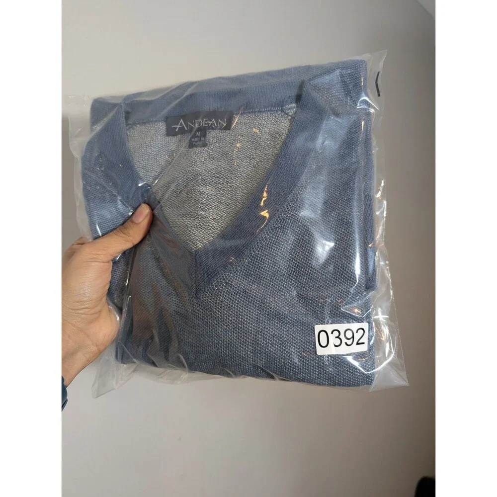 Andean Mens Blue Baby Alpaca V-neck Sweater Sz M Grandpa Preppy Academia Classic